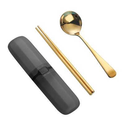 不锈钢勺子筷子两件套304学生户外旅行便携网红金色餐具礼品套装