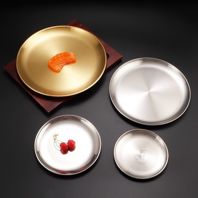 韩式不锈钢圆盘金色商用烤肉盘骨碟餐厅西餐盘家用圆形盘子