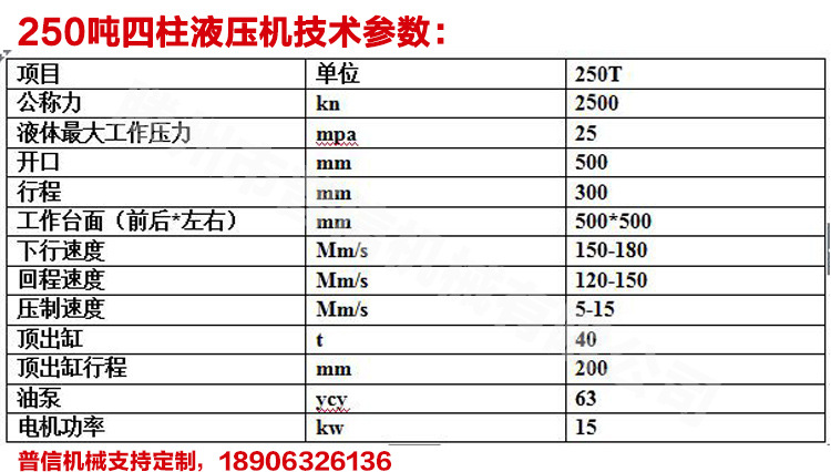 250吨四柱液压机技术参数