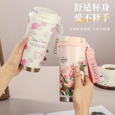 铃兰花车载咖啡杯双饮不锈钢保温杯女水杯高颜值随行印花水杯