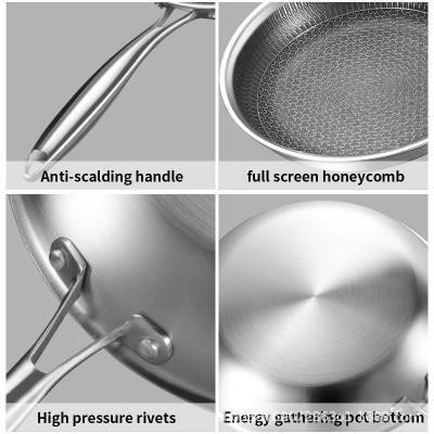 跨境直供 304不锈钢煎锅平底锅不粘锅无油烟炒菜锅牛排煎炒锅通用